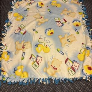 Baby Fleece Tie-Edge Blanket - Teddy & Duck Print, Light Blue